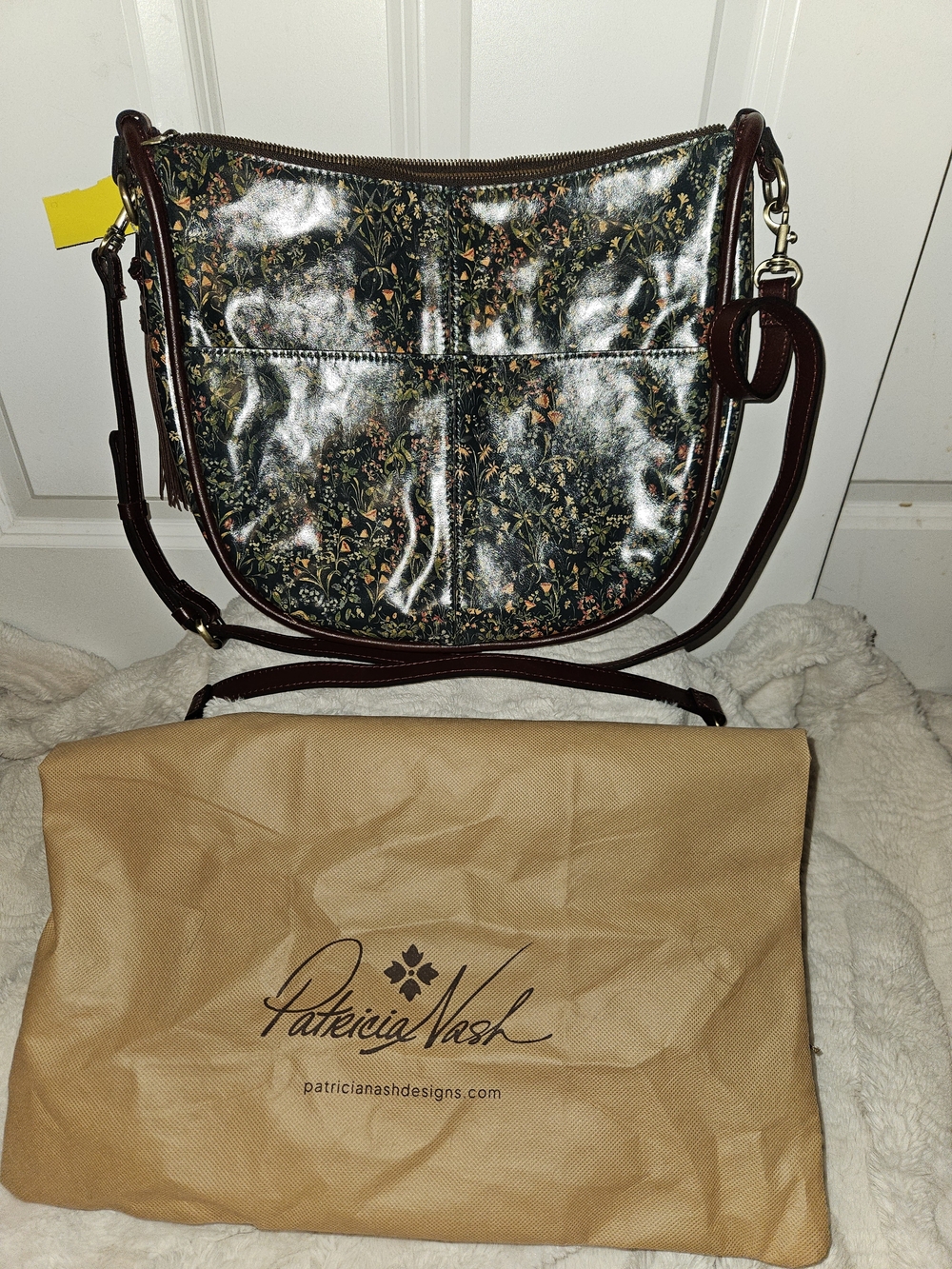 Patricia Nash Dark Green Floral Crossbody with Brown Trim